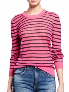 Veronica Beard Dean pink and black Striped Linen Crewneck Sweater sz XS